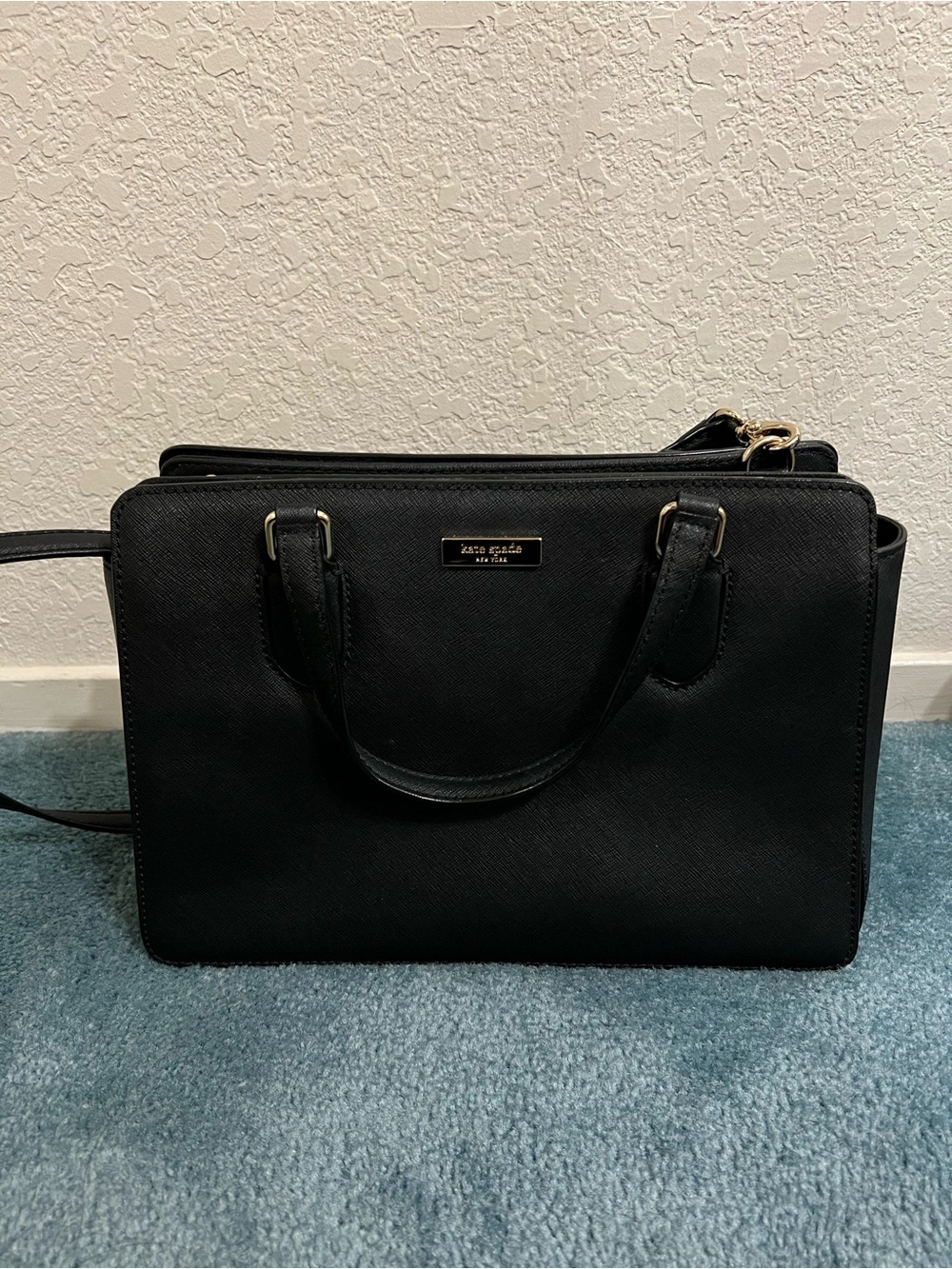kate spade Black Structured Saffiano Leather crossbody purse with Gold Hardware